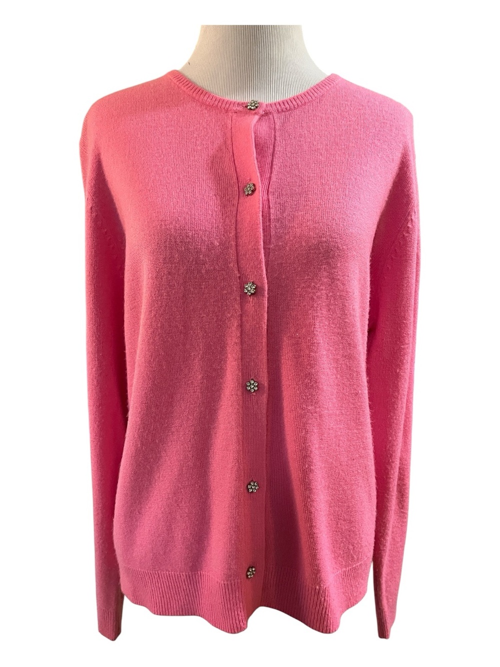 GOODCLOTHES RHINESTONE FLOWER BUTTONS KNIT CARDIGAN SWEATER BRIGHT PINK SIZE M